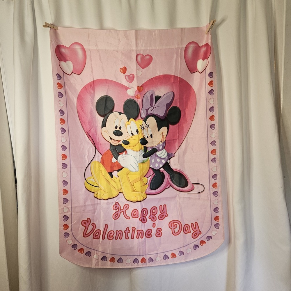 Mickey Mouse Minnie Large House Flag Happy Valentines Day Disney 26"x 38" vtg
